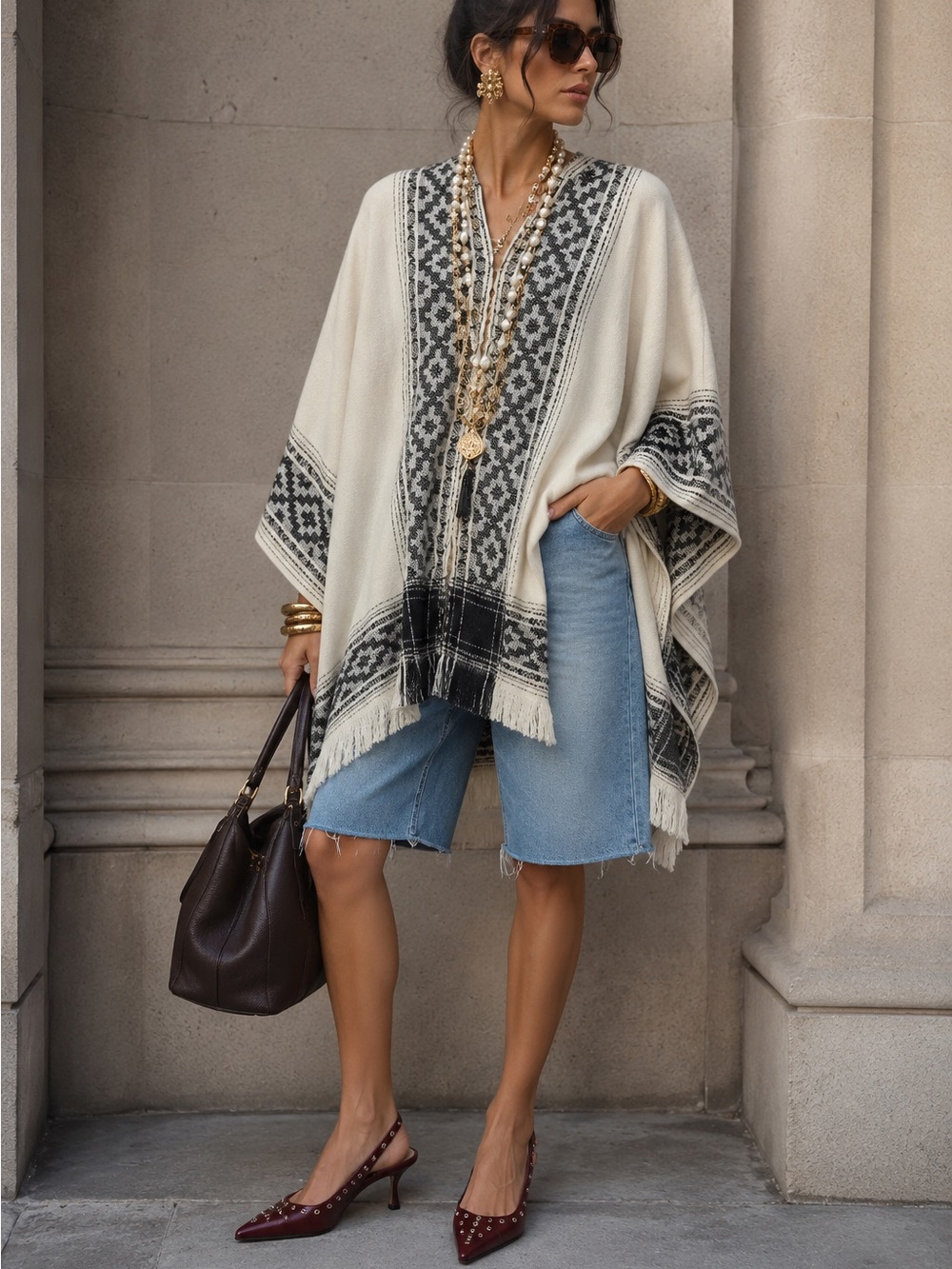 Fall poncho. Cream with black and white
